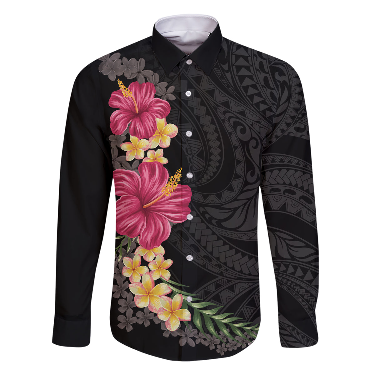 Hawaiian Plumeria and Hibiscus Family Matching Short Sleeve Bodycon Dress and Hawaiian Shirt Colorful Style LT03 Dad's Shirt - Long Sleeve Black - Polynesian Pride