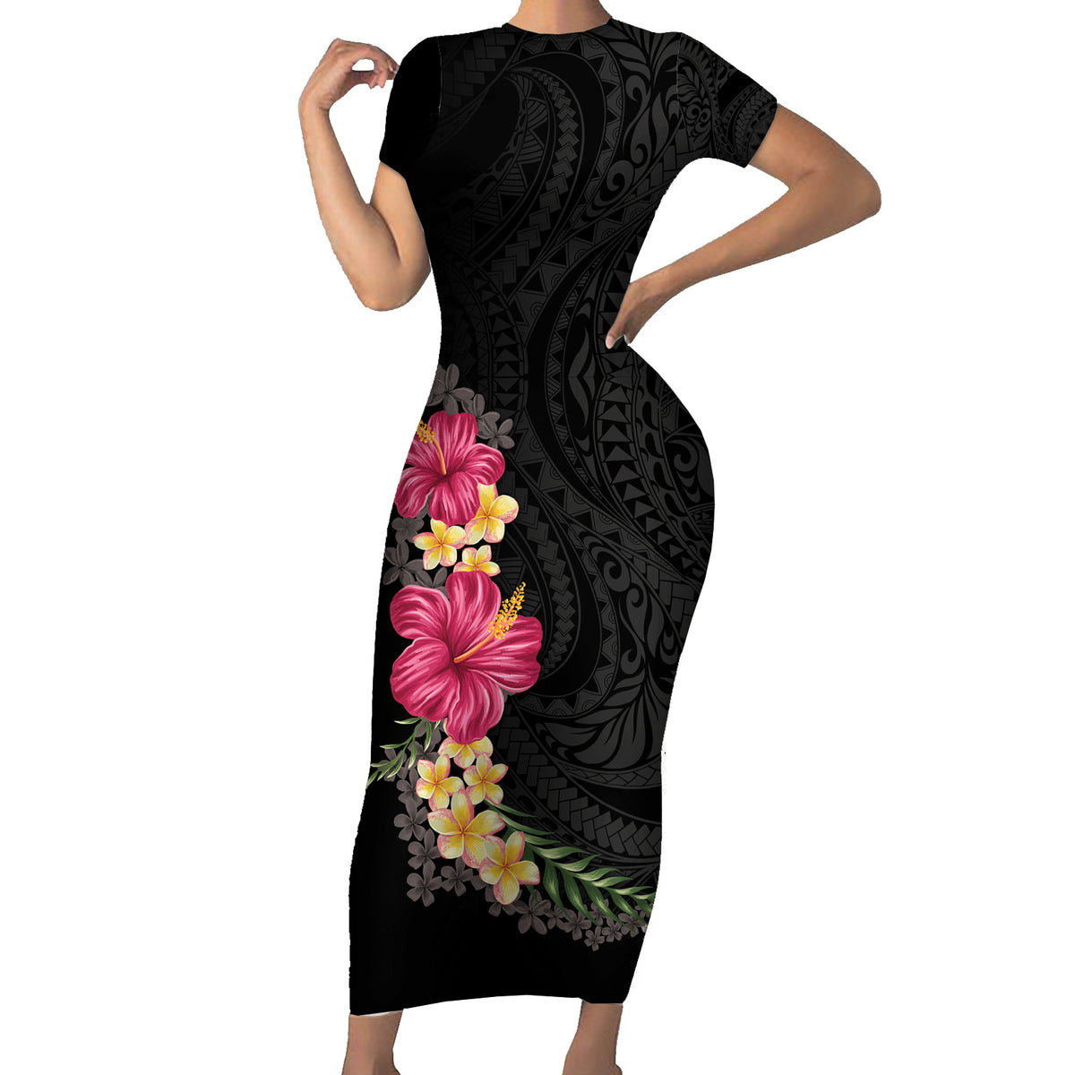 Hawaiian Plumeria and Hibiscus Family Matching Short Sleeve Bodycon Dress and Hawaiian Shirt Colorful Style LT03 Mom's Dress Black - Polynesian Pride