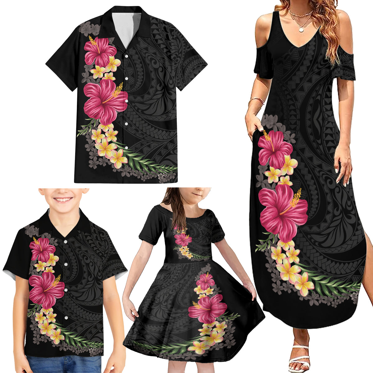 Hawaiian Plumeria and Hibiscus Family Matching Summer Maxi Dress and Hawaiian Shirt Colorful Style LT03 - Polynesian Pride