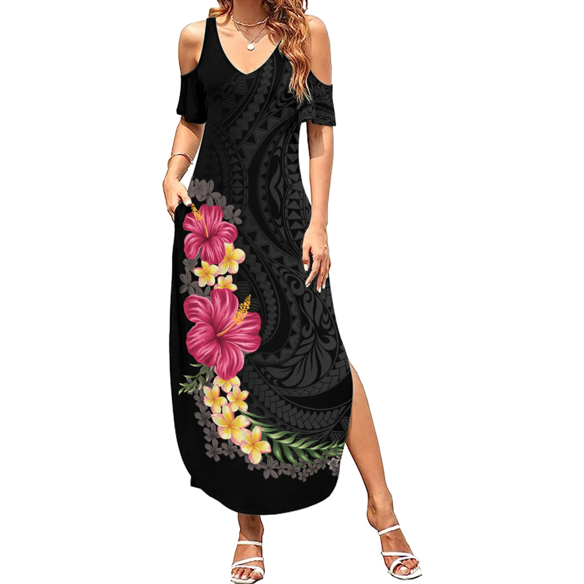 Hawaiian Plumeria and Hibiscus Family Matching Summer Maxi Dress and Hawaiian Shirt Colorful Style LT03 Mom's Dress Black - Polynesian Pride