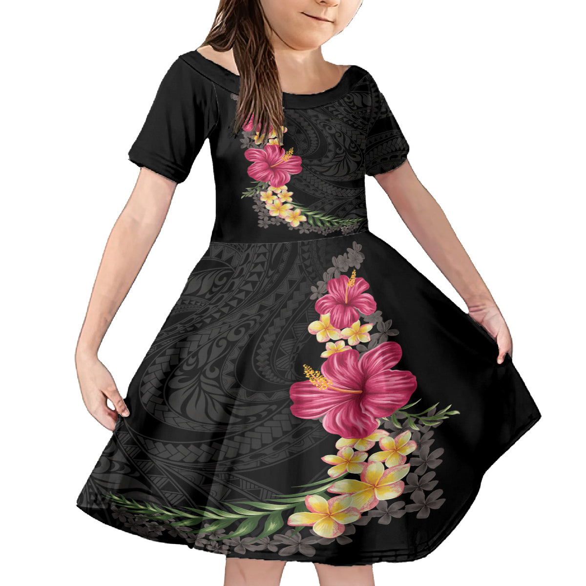Hawaiian Plumeria and Hibiscus Family Matching Tank Maxi Dress and Hawaiian Shirt Colorful Style LT03 Daughter's Dress Black - Polynesian Pride