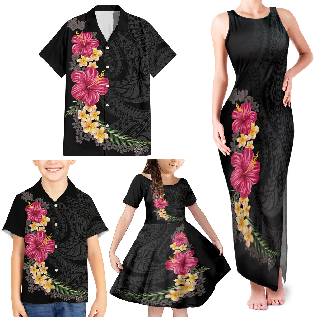 Hawaiian Plumeria and Hibiscus Family Matching Tank Maxi Dress and Hawaiian Shirt Colorful Style LT03 - Polynesian Pride