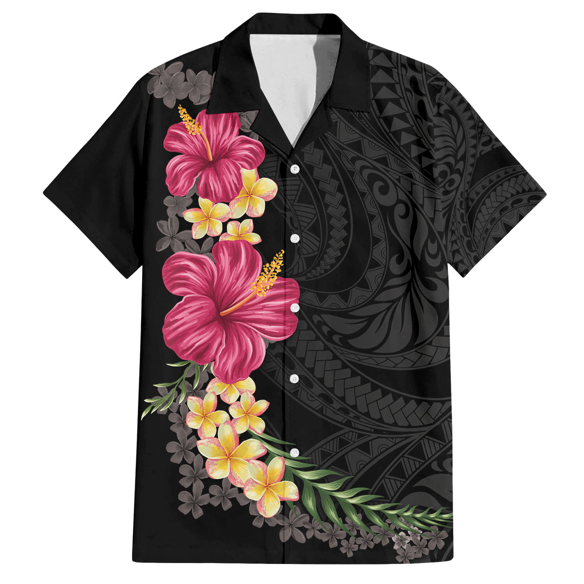 Hawaiian Plumeria and Hibiscus Family Matching Tank Maxi Dress and Hawaiian Shirt Colorful Style LT03 Dad's Shirt - Short Sleeve Black - Polynesian Pride