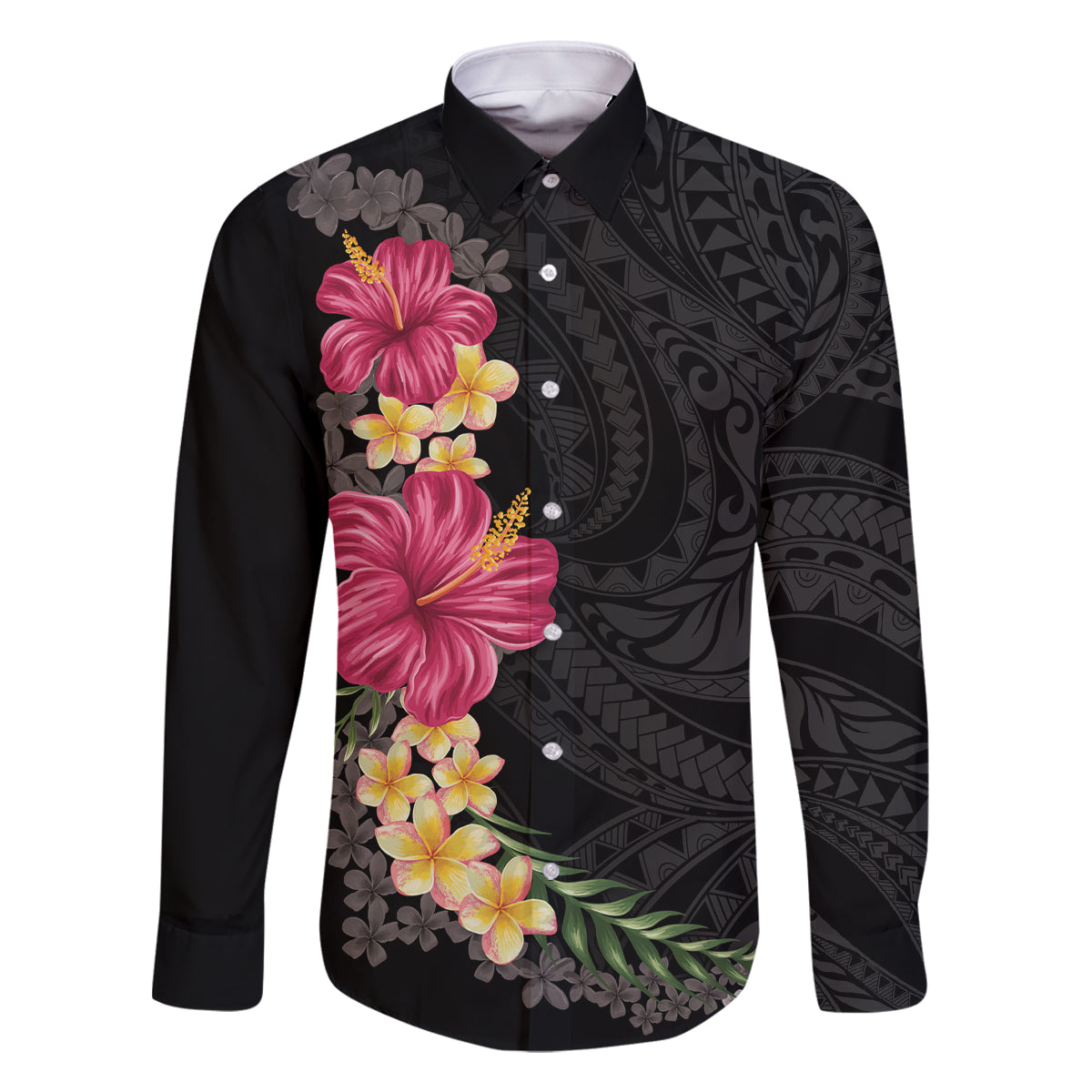 Hawaiian Plumeria and Hibiscus Family Matching Tank Maxi Dress and Hawaiian Shirt Colorful Style LT03 Dad's Shirt - Long Sleeve Black - Polynesian Pride