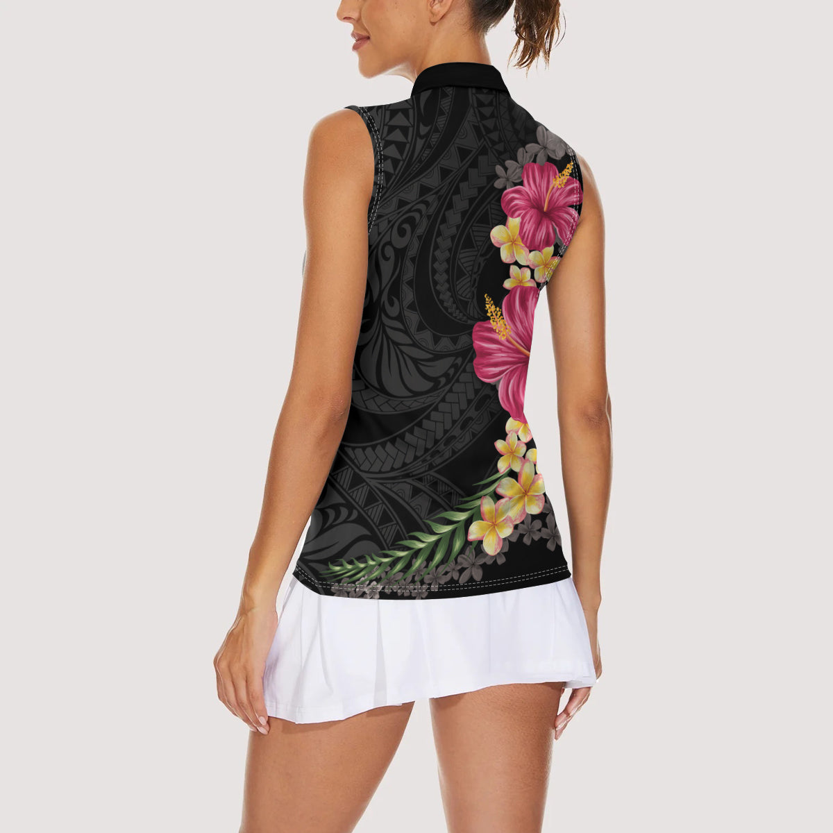Hawaiian Plumeria and Hibiscus Women Sleeveless Polo Shirt Colorful Style