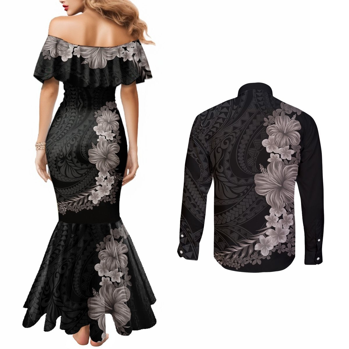 Hawaiian Plumeria and Hibiscus Couples Matching Mermaid Dress and Long Sleeve Button Shirt Grayscale Mode