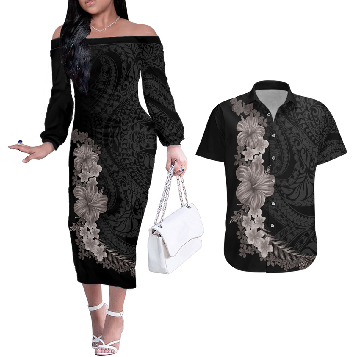 Hawaiian Plumeria and Hibiscus Couples Matching Off The Shoulder Long Sleeve Dress and Hawaiian Shirt Grayscale Mode