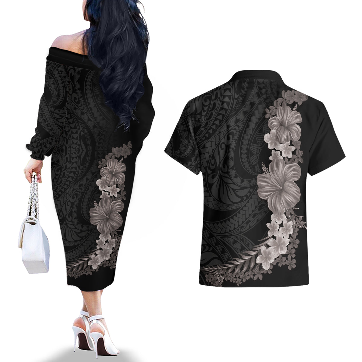 Hawaiian Plumeria and Hibiscus Couples Matching Off The Shoulder Long Sleeve Dress and Hawaiian Shirt Grayscale Mode