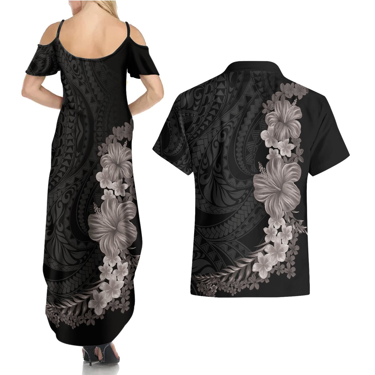 Hawaiian Plumeria and Hibiscus Couples Matching Summer Maxi Dress and Hawaiian Shirt Grayscale Mode