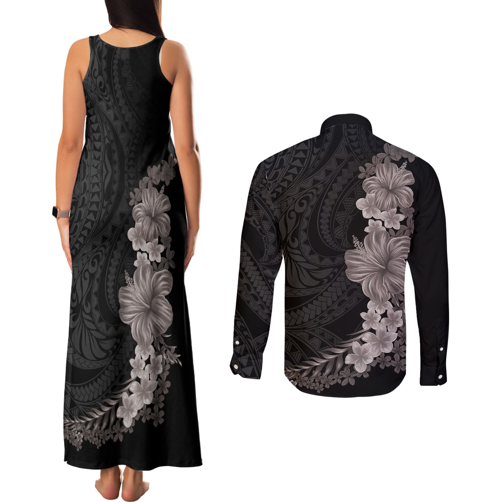 Hawaiian Plumeria and Hibiscus Couples Matching Tank Maxi Dress and Long Sleeve Button Shirt Grayscale Mode