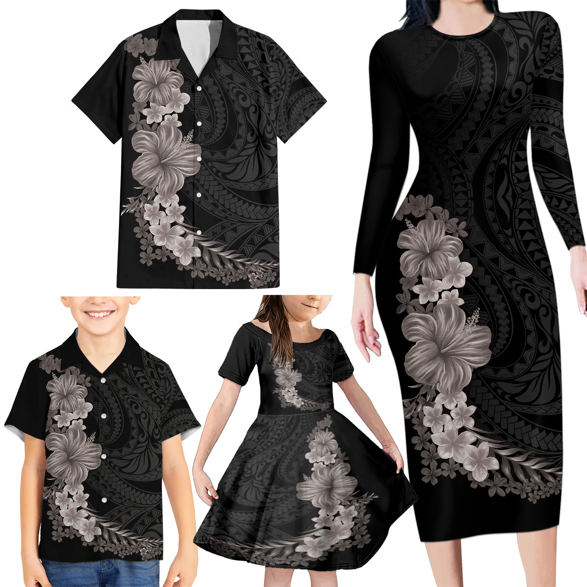Hawaiian Plumeria and Hibiscus Family Matching Long Sleeve Bodycon Dress and Hawaiian Shirt Grayscale Mode LT03 - Polynesian Pride