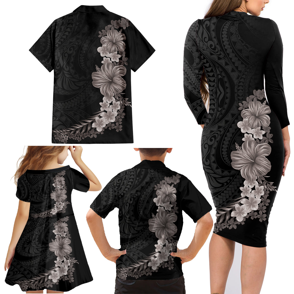 Hawaiian Plumeria and Hibiscus Family Matching Long Sleeve Bodycon Dress and Hawaiian Shirt Grayscale Mode LT03 - Polynesian Pride
