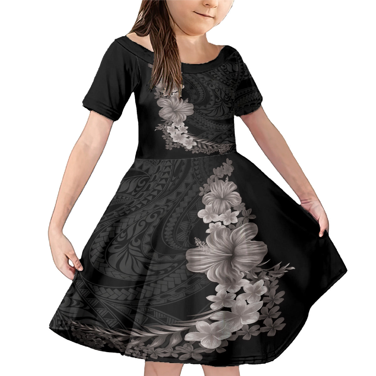 Hawaiian Plumeria and Hibiscus Family Matching Mermaid Dress and Hawaiian Shirt Grayscale Mode LT03 Daughter's Dress Black - Polynesian Pride