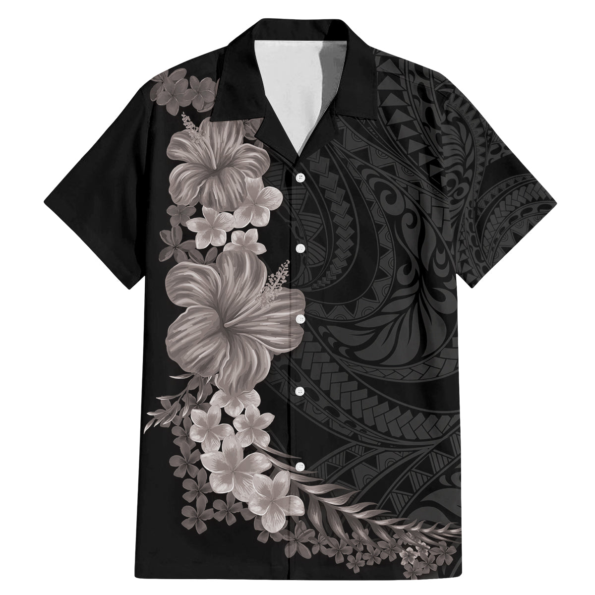 Hawaiian Plumeria and Hibiscus Family Matching Mermaid Dress and Hawaiian Shirt Grayscale Mode LT03 Dad's Shirt - Short Sleeve Black - Polynesian Pride