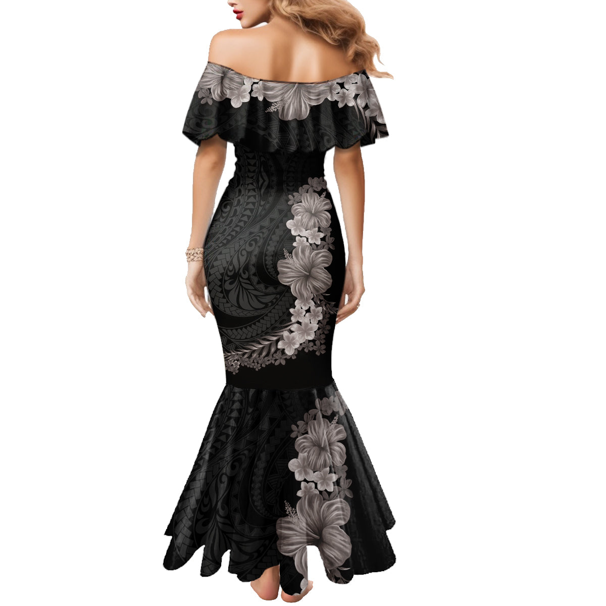 Hawaiian Plumeria and Hibiscus Family Matching Mermaid Dress and Hawaiian Shirt Grayscale Mode LT03 - Polynesian Pride