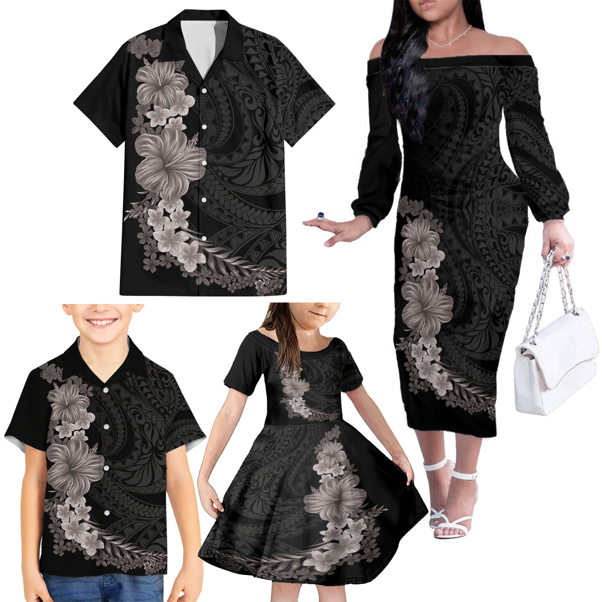 Hawaiian Plumeria and Hibiscus Family Matching Off The Shoulder Long Sleeve Dress and Hawaiian Shirt Grayscale Mode LT03 - Polynesian Pride