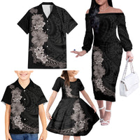 Hawaiian Plumeria and Hibiscus Family Matching Off The Shoulder Long Sleeve Dress and Hawaiian Shirt Grayscale Mode LT03 - Polynesian Pride