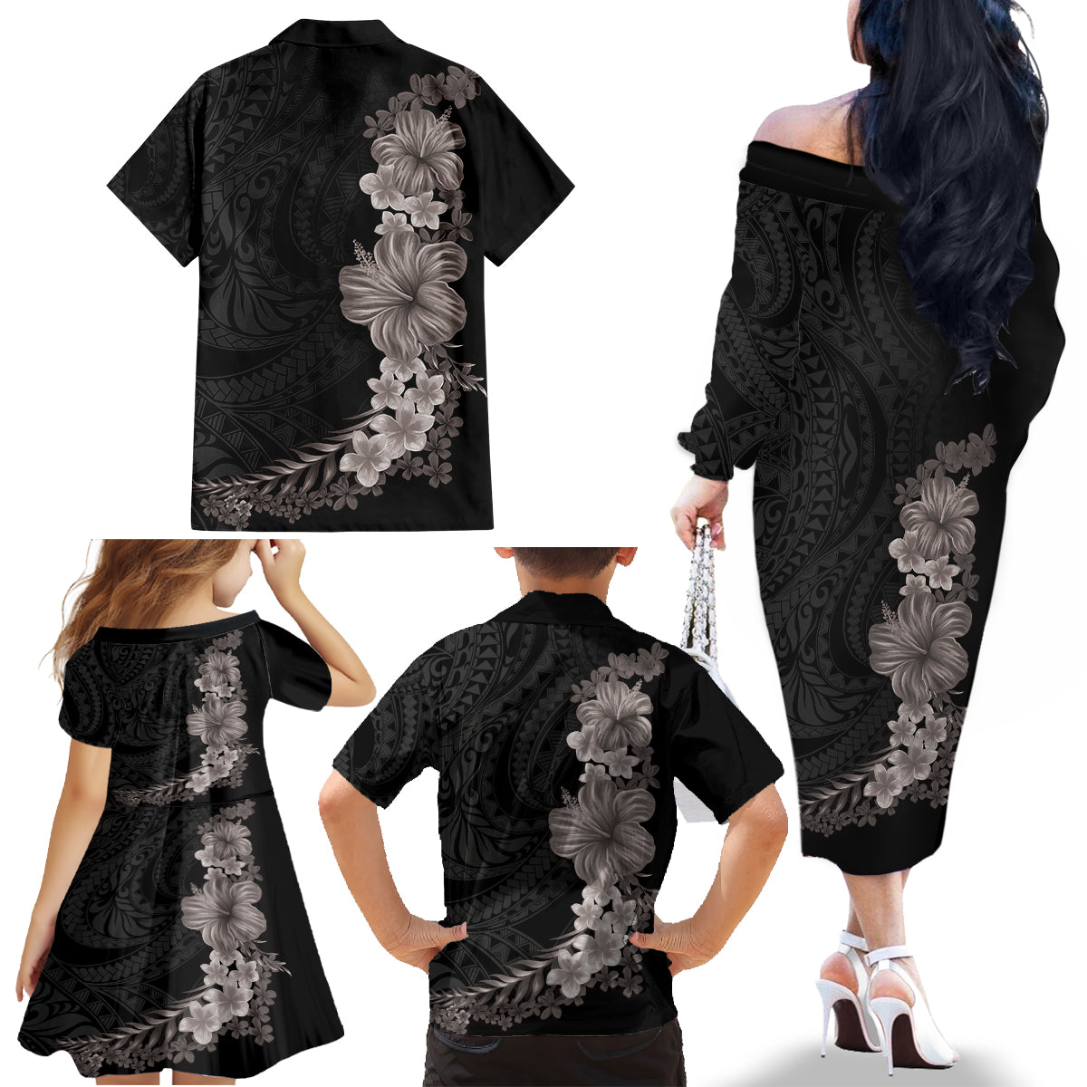 Hawaiian Plumeria and Hibiscus Family Matching Off The Shoulder Long Sleeve Dress and Hawaiian Shirt Grayscale Mode LT03 - Polynesian Pride