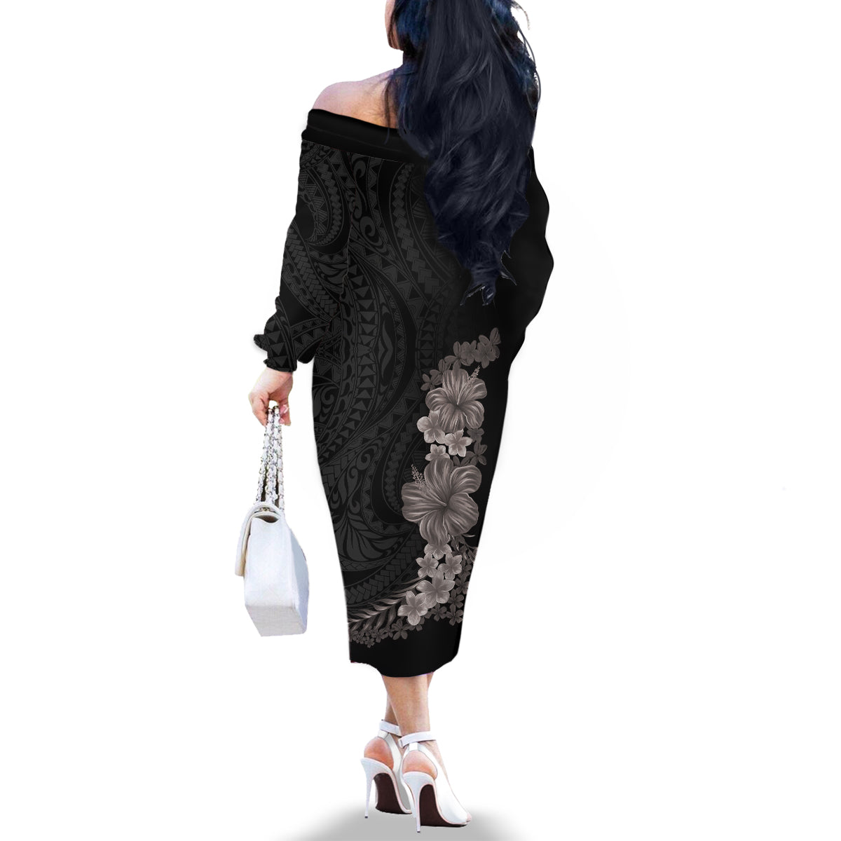 Hawaiian Plumeria and Hibiscus Family Matching Off The Shoulder Long Sleeve Dress and Hawaiian Shirt Grayscale Mode LT03 - Polynesian Pride