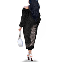 Hawaiian Plumeria and Hibiscus Family Matching Off The Shoulder Long Sleeve Dress and Hawaiian Shirt Grayscale Mode LT03 - Polynesian Pride