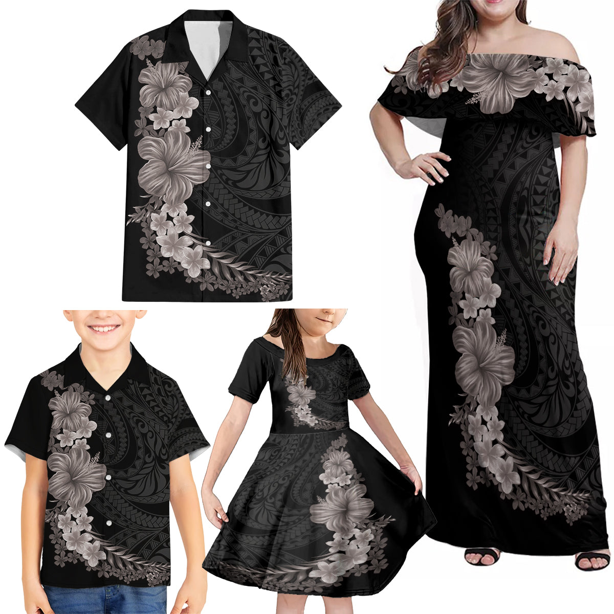 Hawaiian Plumeria and Hibiscus Family Matching Off Shoulder Maxi Dress and Hawaiian Shirt Grayscale Mode LT03 - Polynesian Pride