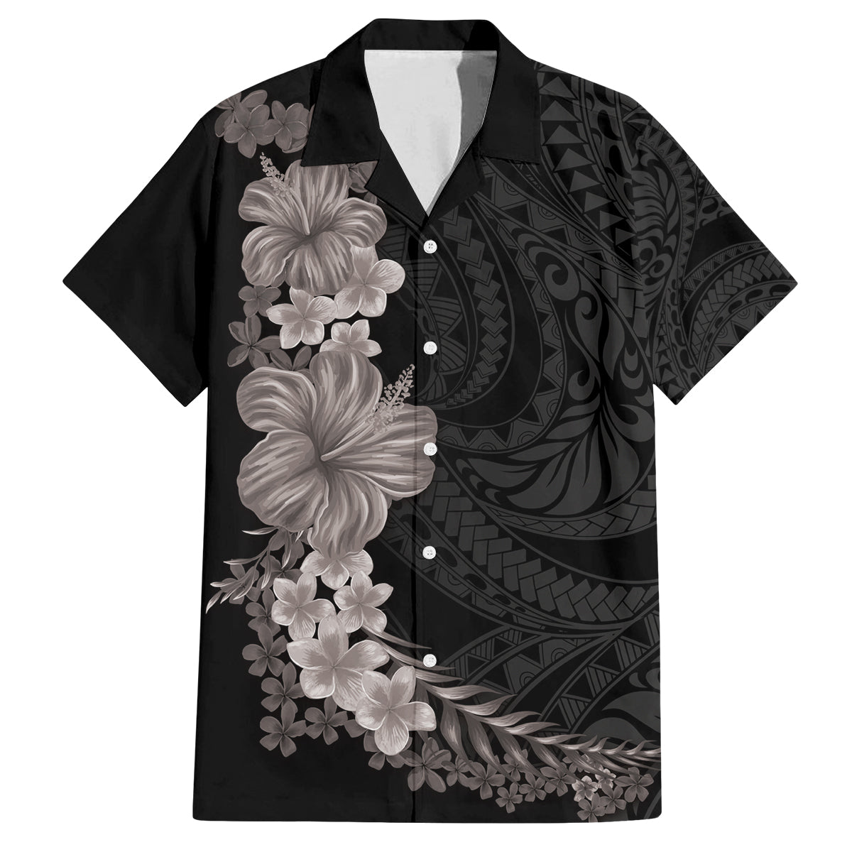 Hawaiian Plumeria and Hibiscus Family Matching Off Shoulder Maxi Dress and Hawaiian Shirt Grayscale Mode LT03 Dad's Shirt - Short Sleeve Black - Polynesian Pride