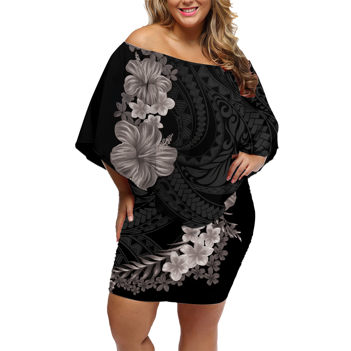Hawaiian Plumeria and Hibiscus Family Matching Off Shoulder Short Dress and Hawaiian Shirt Grayscale Mode LT03 Mom's Dress Black - Polynesian Pride