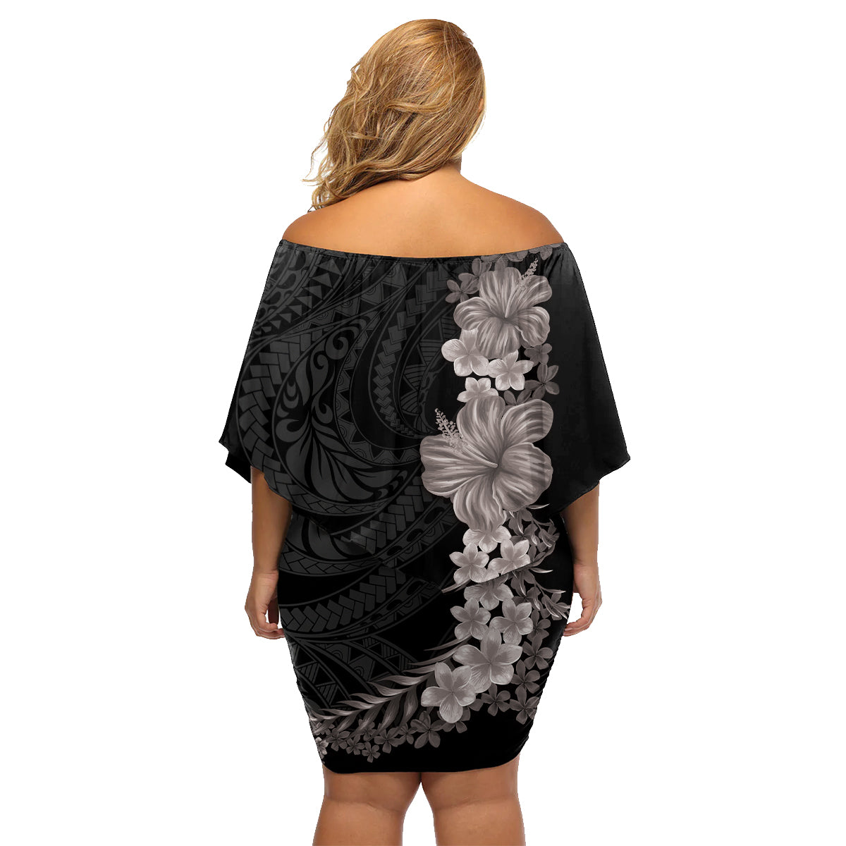 Hawaiian Plumeria and Hibiscus Family Matching Off Shoulder Short Dress and Hawaiian Shirt Grayscale Mode LT03 - Polynesian Pride