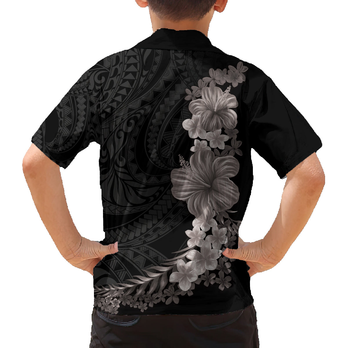 Hawaiian Plumeria and Hibiscus Family Matching Puletasi and Hawaiian Shirt Grayscale Mode