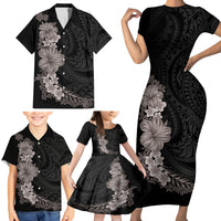 Hawaiian Plumeria and Hibiscus Family Matching Short Sleeve Bodycon Dress and Hawaiian Shirt Grayscale Mode LT03 - Polynesian Pride
