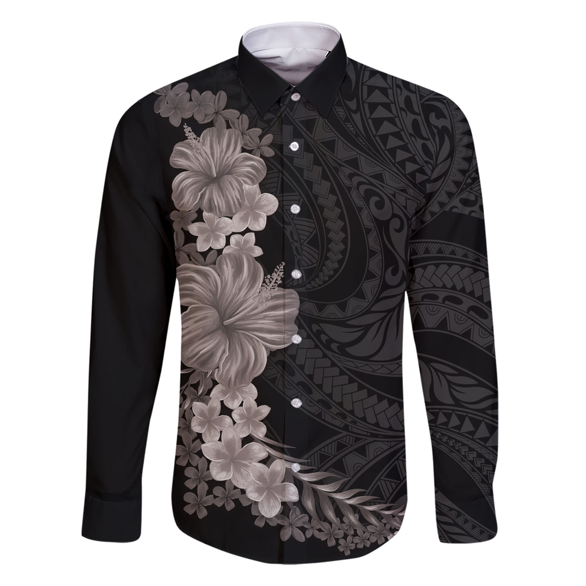 Hawaiian Plumeria and Hibiscus Family Matching Short Sleeve Bodycon Dress and Hawaiian Shirt Grayscale Mode LT03 Dad's Shirt - Long Sleeve Black - Polynesian Pride