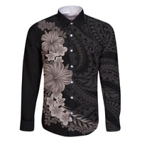 Hawaiian Plumeria and Hibiscus Family Matching Short Sleeve Bodycon Dress and Hawaiian Shirt Grayscale Mode LT03 Dad's Shirt - Long Sleeve Black - Polynesian Pride
