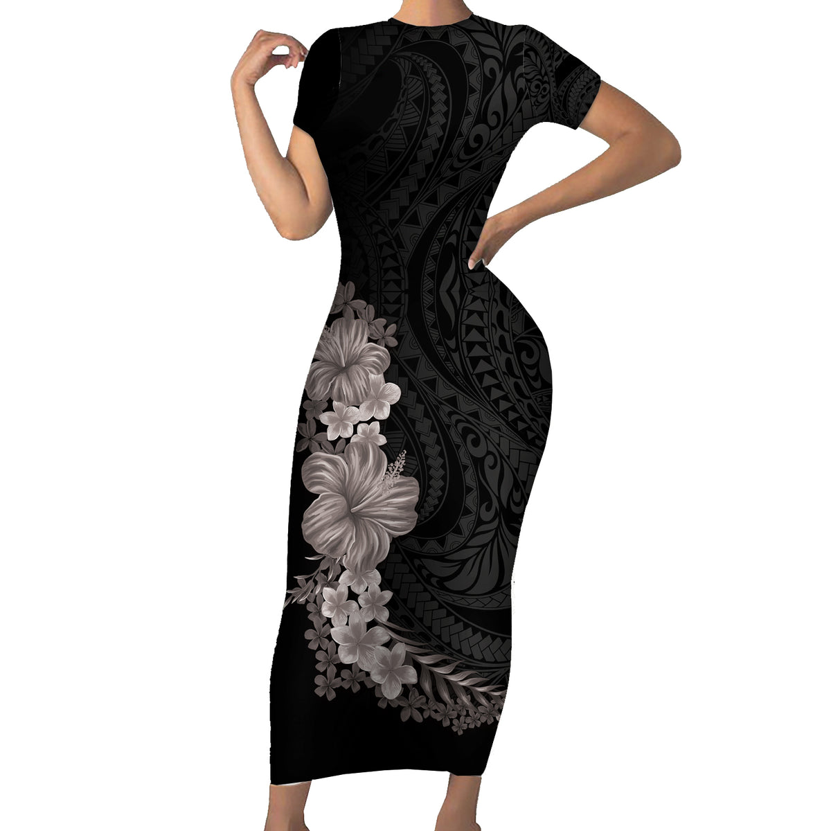 Hawaiian Plumeria and Hibiscus Family Matching Short Sleeve Bodycon Dress and Hawaiian Shirt Grayscale Mode LT03 Mom's Dress Black - Polynesian Pride