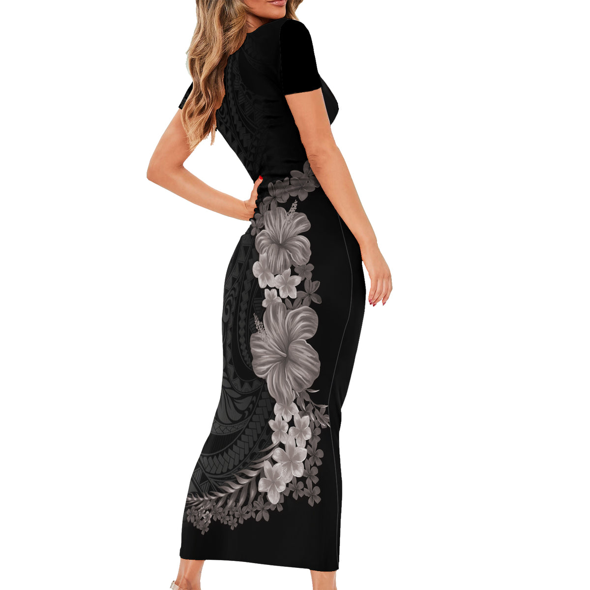 Hawaiian Plumeria and Hibiscus Family Matching Short Sleeve Bodycon Dress and Hawaiian Shirt Grayscale Mode LT03 - Polynesian Pride