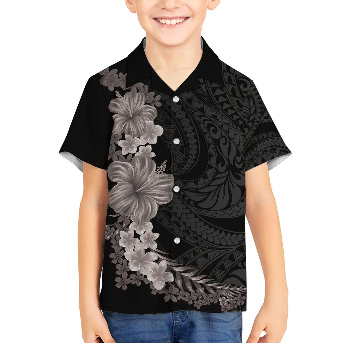Hawaiian Plumeria and Hibiscus Family Matching Short Sleeve Bodycon Dress and Hawaiian Shirt Grayscale Mode LT03 Son's Shirt Black - Polynesian Pride
