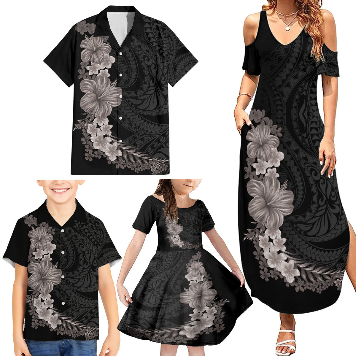 Hawaiian Plumeria and Hibiscus Family Matching Summer Maxi Dress and Hawaiian Shirt Grayscale Mode LT03 - Polynesian Pride