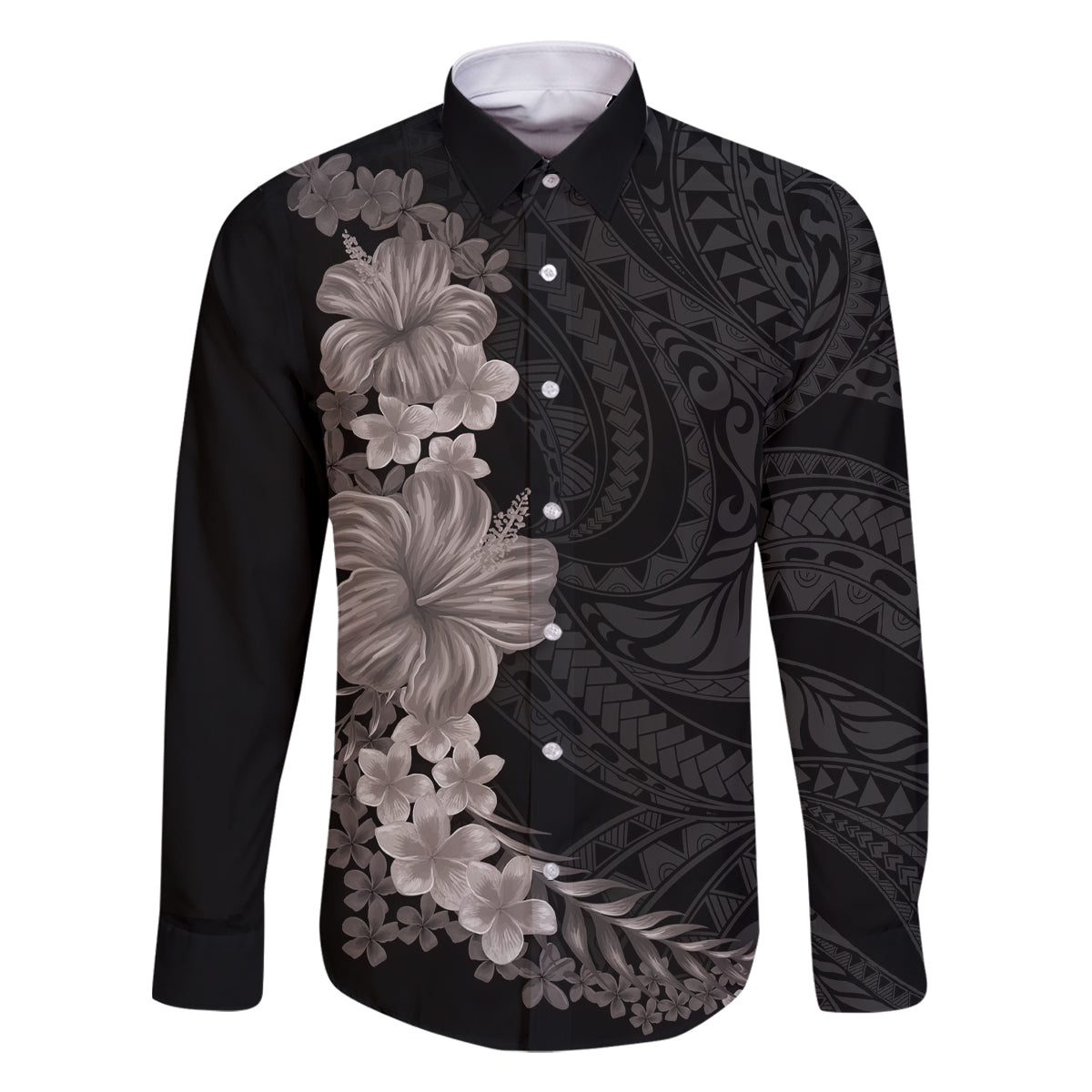 Hawaiian Plumeria and Hibiscus Family Matching Summer Maxi Dress and Hawaiian Shirt Grayscale Mode LT03 Dad's Shirt - Long Sleeve Black - Polynesian Pride