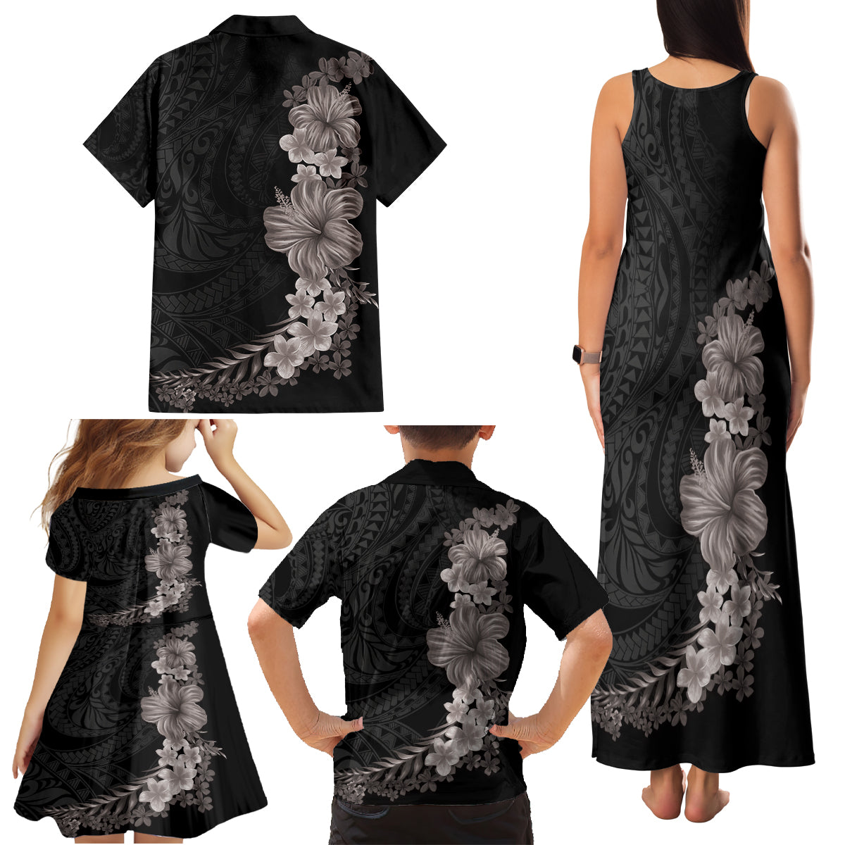 Hawaiian Plumeria and Hibiscus Family Matching Tank Maxi Dress and Hawaiian Shirt Grayscale Mode LT03 - Polynesian Pride