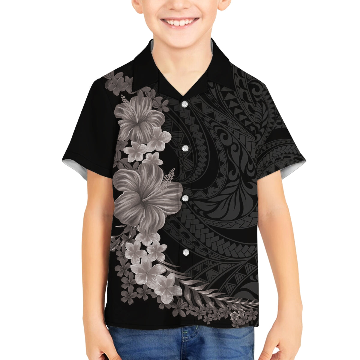 Hawaiian Plumeria and Hibiscus Family Matching Tank Maxi Dress and Hawaiian Shirt Grayscale Mode LT03 Son's Shirt Black - Polynesian Pride