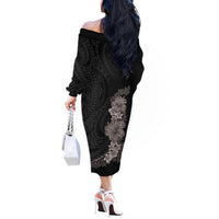 Hawaiian Plumeria and Hibiscus Off The Shoulder Long Sleeve Dress Grayscale Mode