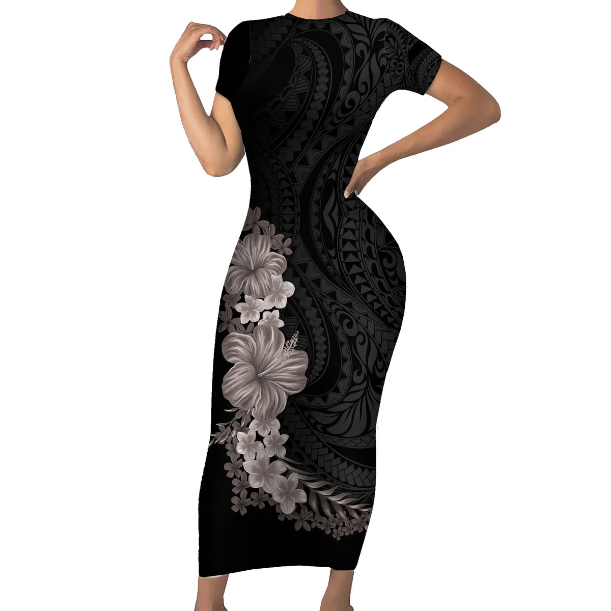 Hawaiian Plumeria and Hibiscus Short Sleeve Bodycon Dress Grayscale Mode