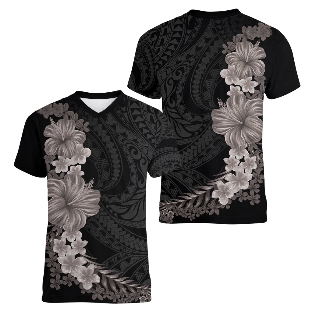 Hawaiian Plumeria and Hibiscus Women V-Neck T-Shirt Grayscale Mode
