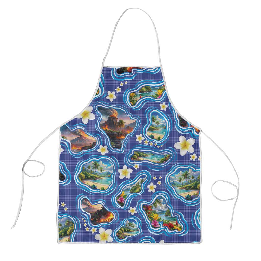 Hawaiian Island Shapes-Iconic Landscape Apron with Plumeria and Palaka Blue Color