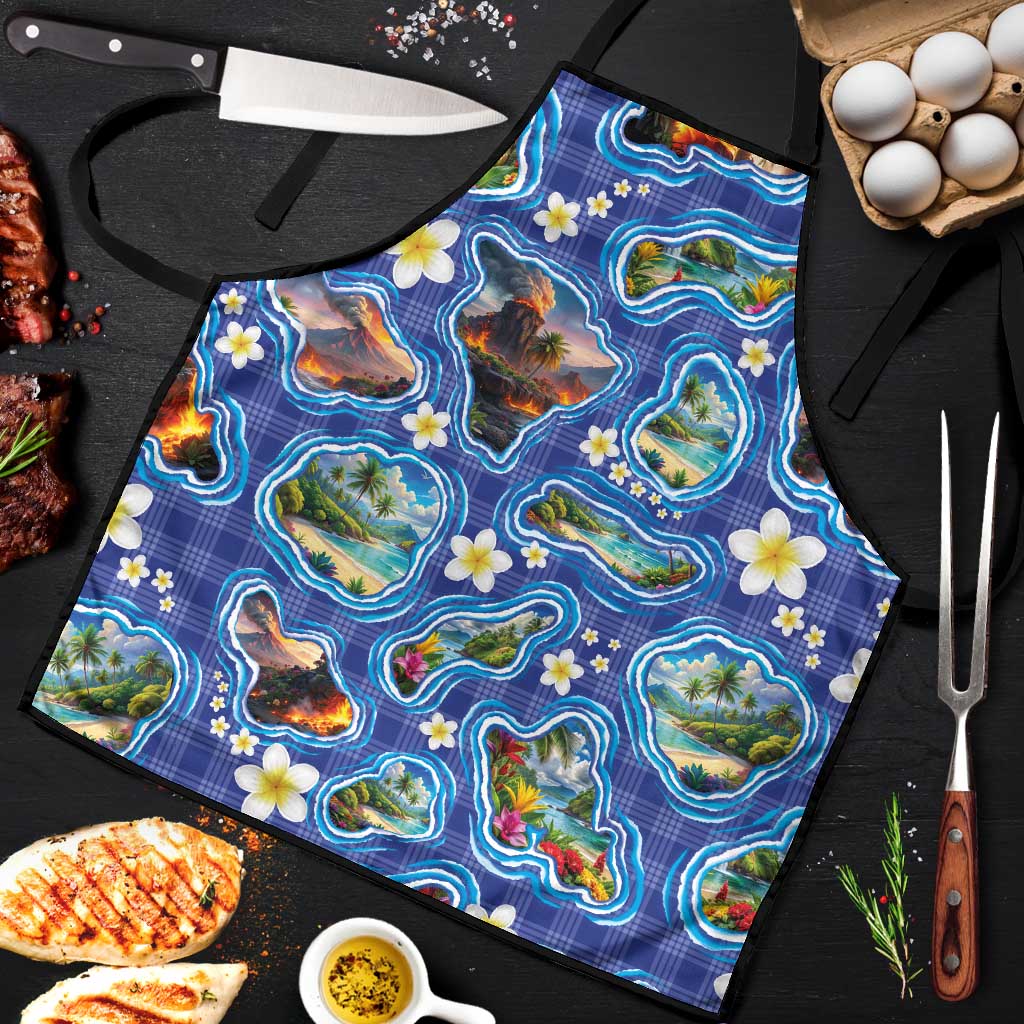 Hawaiian Island Shapes-Iconic Landscape Apron with Plumeria and Palaka Blue Color