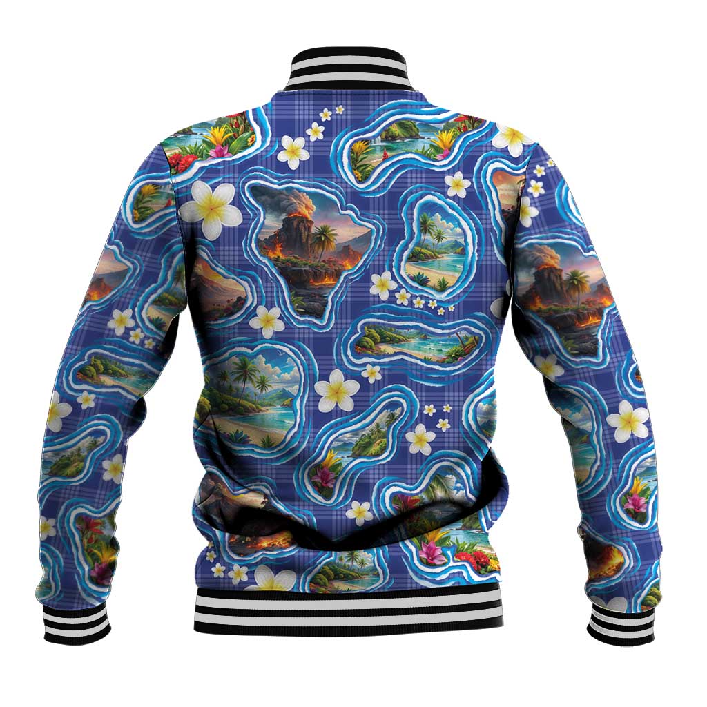 Hawaiian Island Shapes-Iconic Landscape Baseball Jacket with Plumeria and Palaka Blue Color