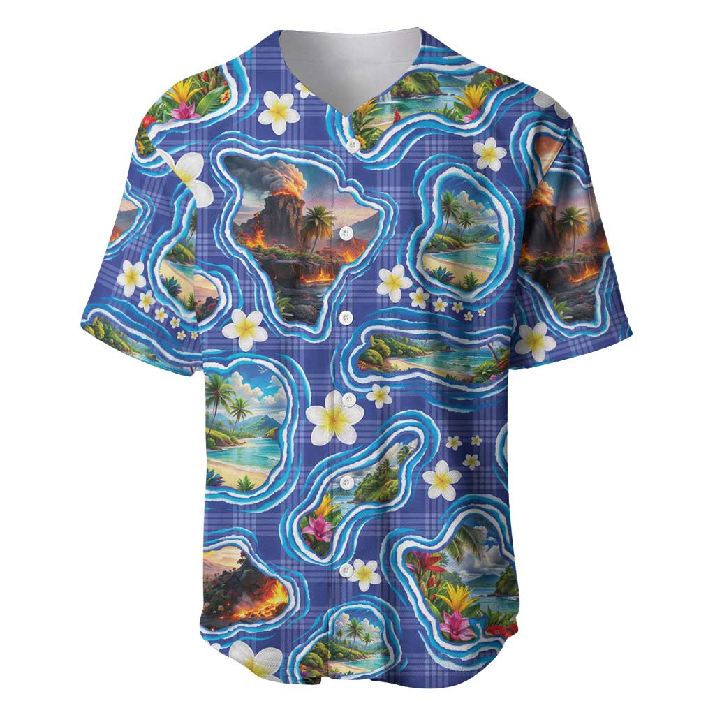 Hawaiian Island Shapes-Iconic Landscape Baseball Jersey with Plumeria and Palaka Blue Color LT03 Blue - Polynesian Pride