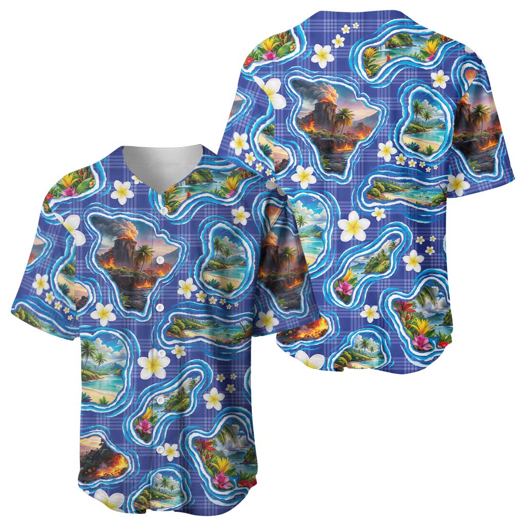 Hawaiian Island Shapes-Iconic Landscape Baseball Jersey with Plumeria and Palaka Blue Color LT03 - Polynesian Pride