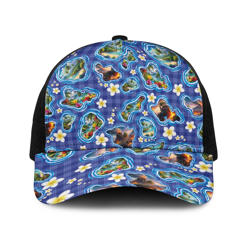 Hawaiian Island Shapes-Iconic Landscape Baseball Net Cap with Plumeria and Palaka Blue Color