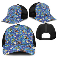 Hawaiian Island Shapes-Iconic Landscape Baseball Net Cap with Plumeria and Palaka Blue Color