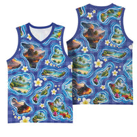 Hawaiian Island Shapes-Iconic Landscape Basketball Jersey with Plumeria and Palaka Blue Color